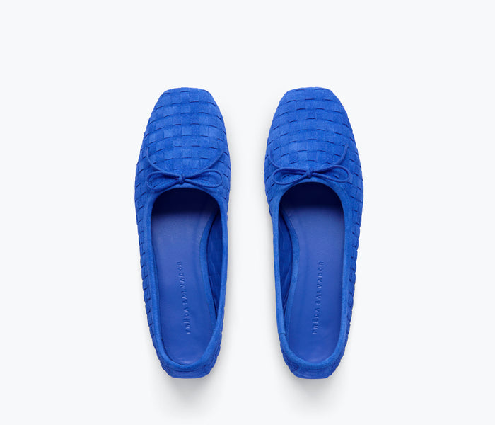 Fredaa Salvador Jada square toe ballet flat in cobalt woven suede, showcasing the textured upper and sleek design.