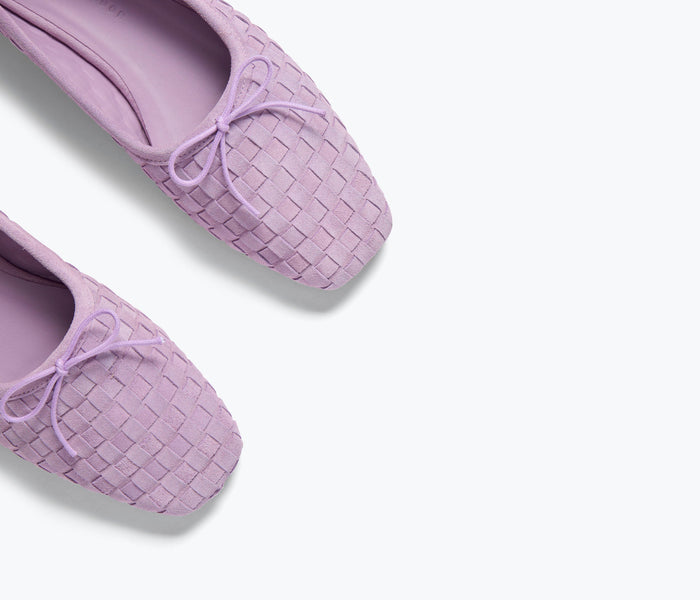 Freda Salvador JADA square toe ballet flat in thistle suede, showcasing a sleek design with a rounded square toe and soft suede finish.