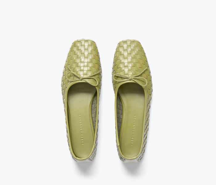 Freda Salvador Jada square toe ballet flat with woven moss-colored upper and sleek flat sole.