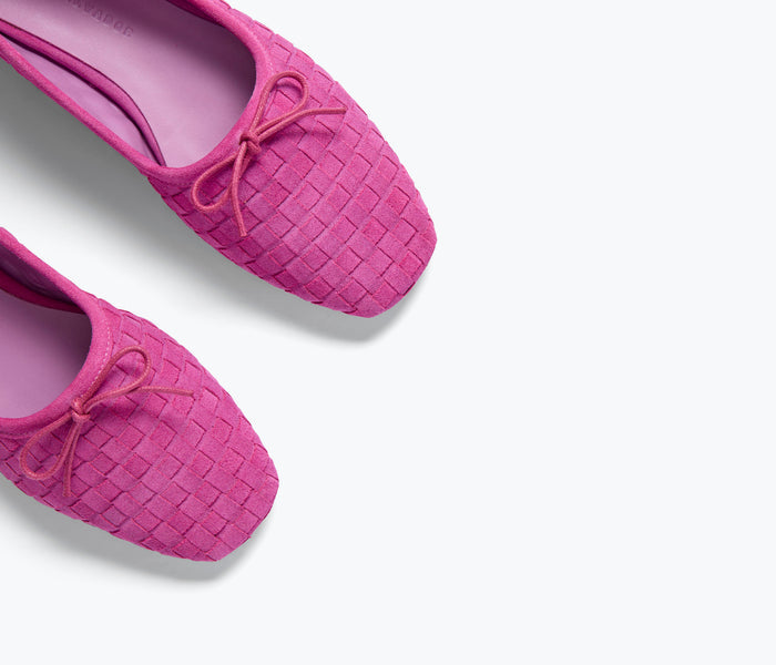 Fredan Salvador JADA square toe ballet flat in magenta suede with detailed stitching and sleek design.