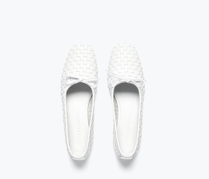 Freda Salvador JADA square toe ballet flat in white with woven top, showcasing a stylish and comfortable flat shoe design.