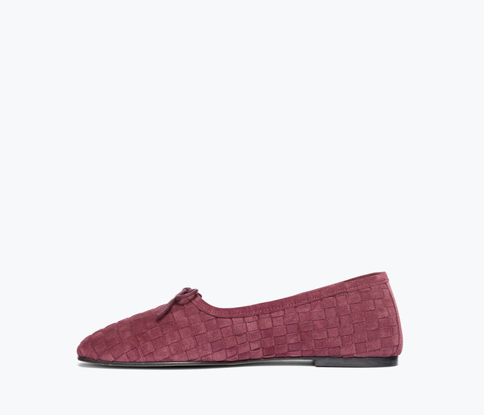 Freda Salvador JADA square toe ballet flat in wine woven suede with inside view showing elegant craftsmanship and textured material.
