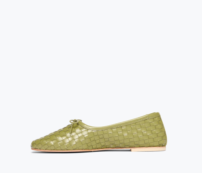 Freda Salvador JADA square toe ballet flat in moss woven fabric, showing the inside view of the stylish flat shoe.