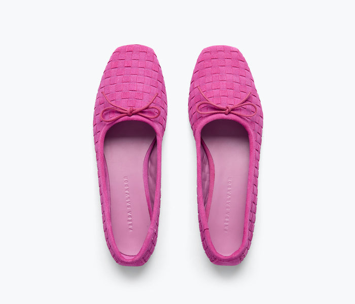 Freda Salvador JADA square toe ballet flat in magenta suede, showing the stylish flat with a sleek square toe design.