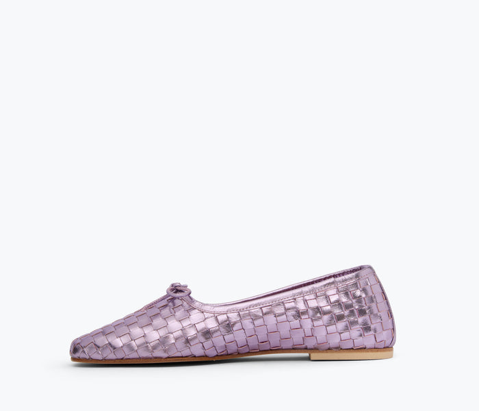 Lilac metallic JADA square toe ballet flat by FREDA SALVADOR, showing the inside view with a sleek, shiny finish