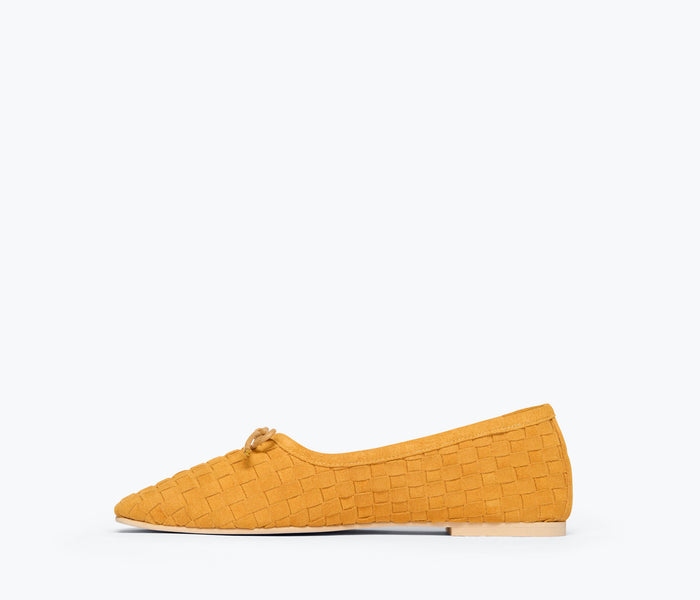 Fredas Salvador JADA square toe ballet flat in marigold woven suede, showing the textured woven upper and inside view.