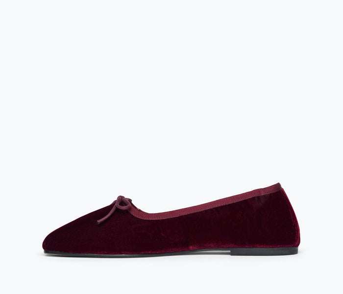 Fredrick Salvador JADA square toe ballet flat in oxblood velvet, showing the inside view with cushioned insole and elegant design.