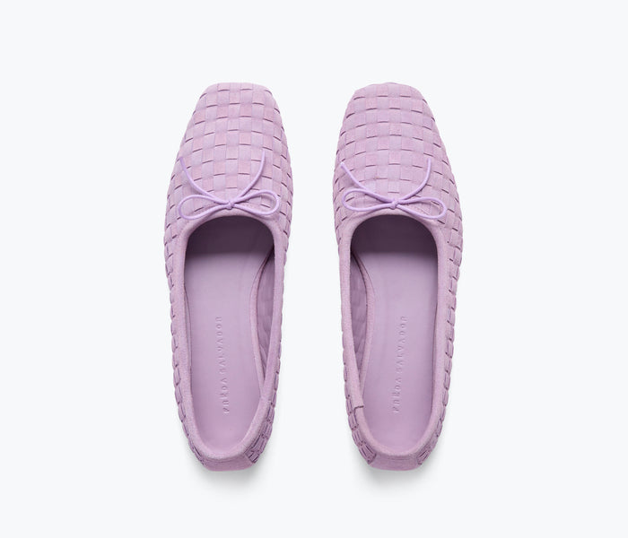 Freda Salvador JADA square toe ballet flat in thistle suede with a sleek, minimalist design and rounded toe shape.