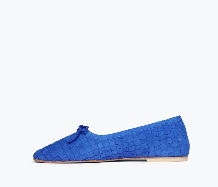 Cobalt blue woven suede ballet flat from Freda Salvador with a square toe and sleek, minimalist design.