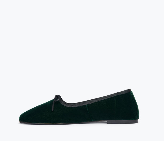 Fredsa Salvador JADA square toe ballet flat in emerald velvet, showing the inside view with soft lining and classic design.