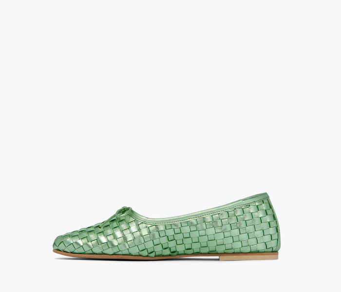 Freda Salvador JADA square toe ballet flat in metallic mint, showing the inside view with sleek design and comfortable fit.