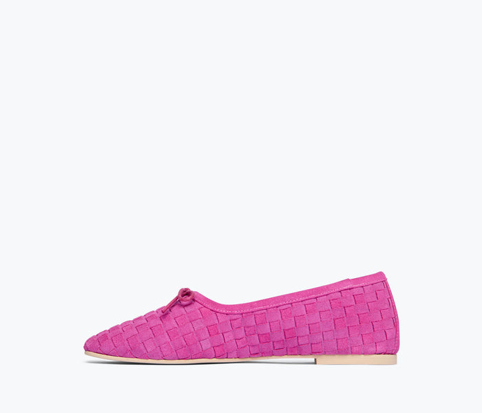 Freda Salvador JADA square toe ballet flat in magenta suede, shown from inside angle with detailed view of the interior.