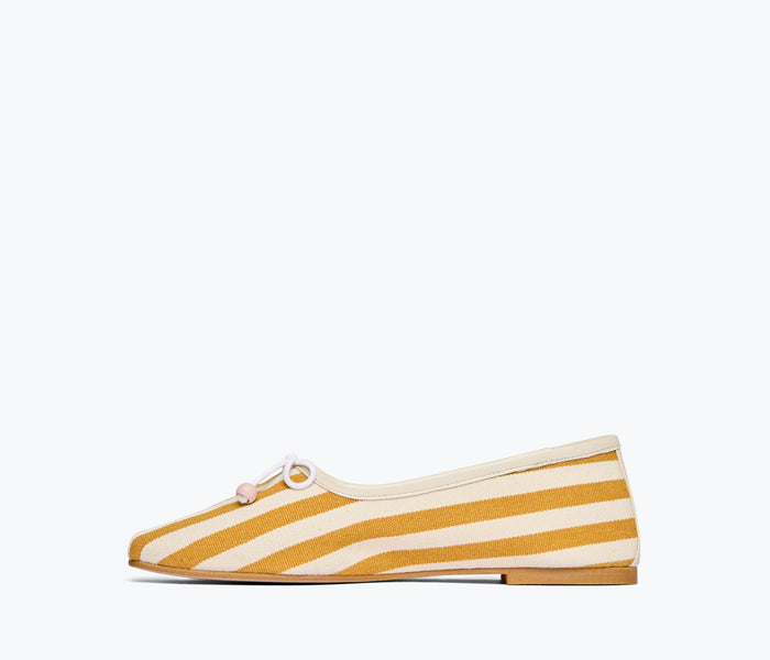 Freda Salvador JADA square toe ballet flat in mustard and white canvas, showing inside view with cushioned insole and stylish design.