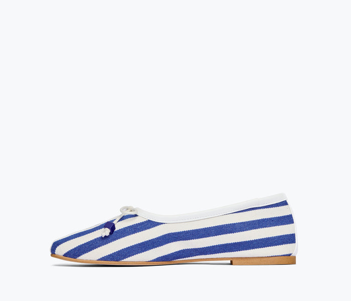 Navy and white canvas Freda Salvador JADA square toe ballet flat shown from inside view.