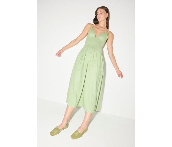 Freda Salvador JADA square toe ballet flat in moss woven fabric, showcasing sleek design and elegant craftsmanship.