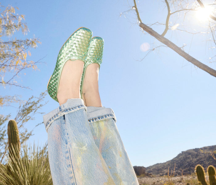 Fredan Salvador JADA square toe ballet flat in mint metallic finish, showcasing elegant slip-on flat with sleek design