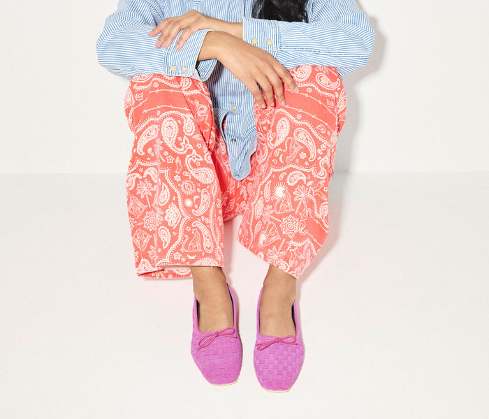 Freda Salvador JADA square toe ballet flat in magenta suede with a sleek, minimalist design and comfortable flat sole.