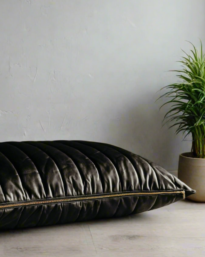 black vegan leather dog bed cover knife edge detail close up