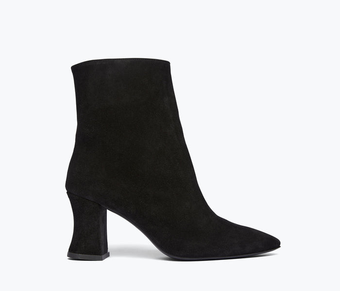 Black suede Jamie ankle boot by FREDA SALVADOR, featuring a sleek front view with a rounded toe and stylish silhouette.