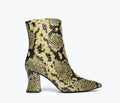 Freda Salvador Jamie ankle boot in wheat snake leather with front view showing sleek pointed toe and stylish ankle height.