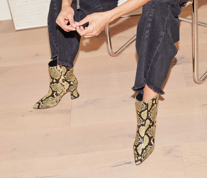 Freda Salvador Jamie ankle boot in wheat snake leather with pointed toe and low heel, stylish footwear for casual or dressy outfits.