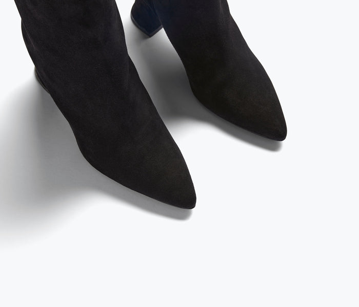 Black suede Jamie ankle boot by Freda Salvador featuring a sleek, pointed toe and stylish heel.