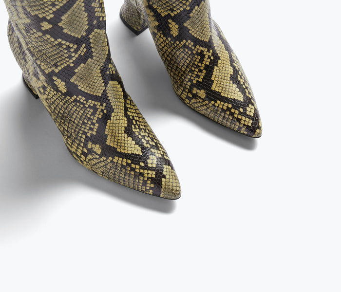 Freda Salvador Jamie ankle boot in wheat snake leather with detailed snake pattern and sleek silhouette.