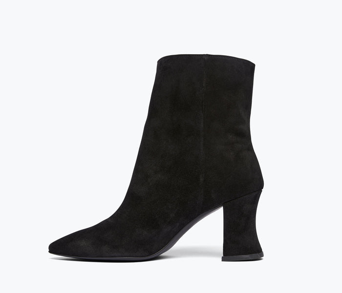 Black suede Jamie ankle boot by FREDA SALVADOR, featuring a sleek design and inside view showing the textured material.
