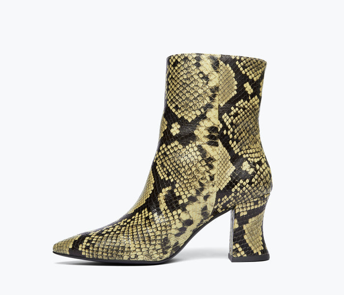 Freda Salvador Jamie ankle boot in wheat snake leather, featuring a pointed toe and inside zipper detail.