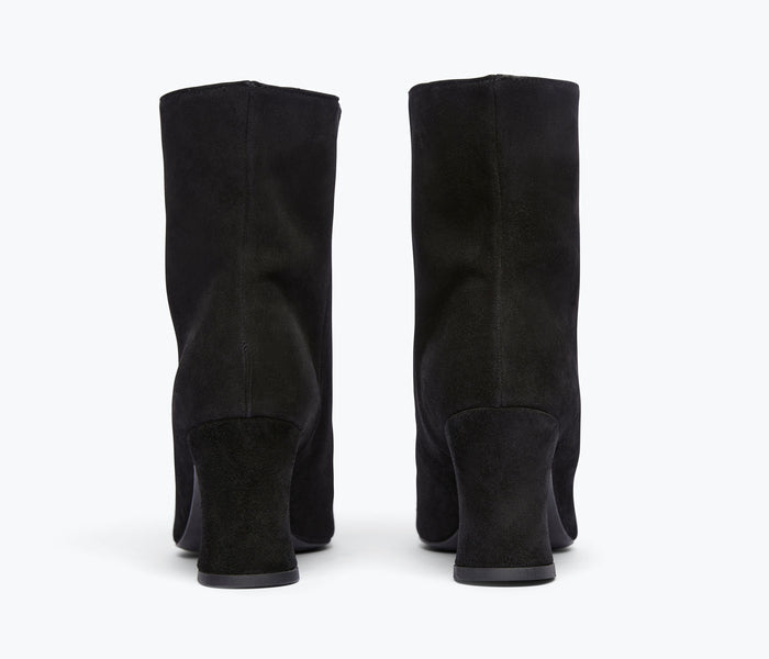 Black suede Jamie ankle boot by FREDA SALVADOR, showing the back view with a sleek heel and stylish design.