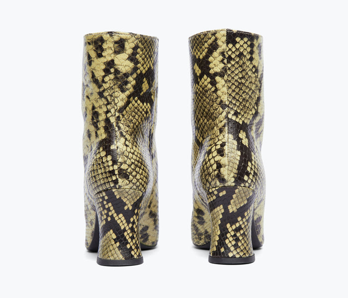 Freda Salvador Jamie ankle boot in wheat snake leather, featuring a sleek design with pointed toe and low heel.