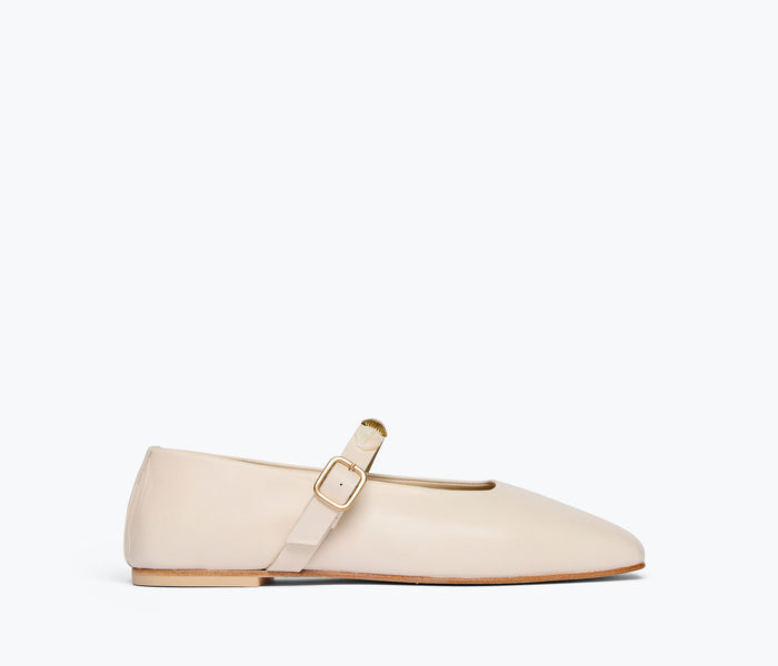 Freda Salvador Jane Mary Jane flat shoe with gold shell accents, front view showcasing stylish design and comfortable fit.
