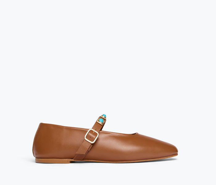 Freda Salvador Jane Mary Jane flat shoes in walnut leather with turquoise stones, front view showcasing stylish and elegant design.