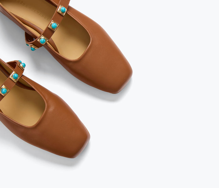 Freda Salvador Jane Mary Jane flat shoe in walnut leather with turquoise stones detail and classic strap design.