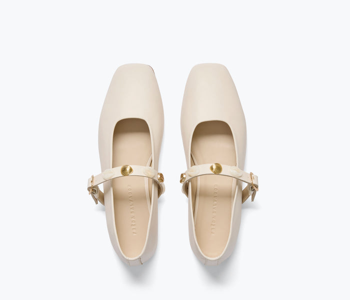 Freda Salvador Jane Mary Jane flat shoe with gold shell details, featuring a sleek design and bone-colored calf leather upper.