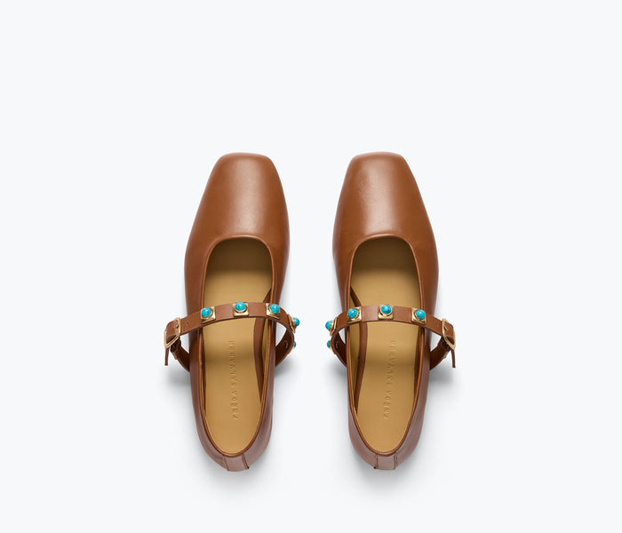 Freda Salvador Jane Mary Jane flat shoes in walnut leather with turquoise stones and a rounded toe.