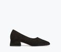 Black suede Jayla woven ballet heel by Freda Salvador shown from the front, showcasing elegant woven detail and sleek design.