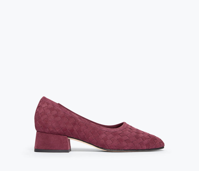 Freda Salvador Jayla woven ballet heel in wine suede, featuring a stylish front view with woven detailing and a sleek heel design.