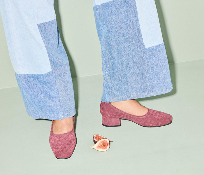Freda Salvador Jayla woven ballet heel in wine suede with a rounded toe and woven detail, stylish and comfortable for everyday wear.