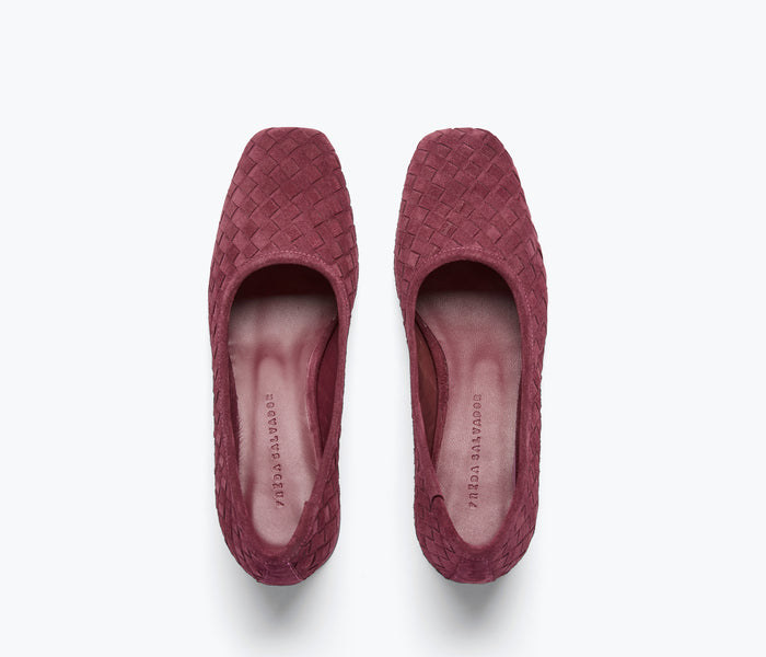 Freda Salvador Jayla woven ballet heel in wine suede with a rounded toe and woven detailing, stylish and comfortable for everyday wear.