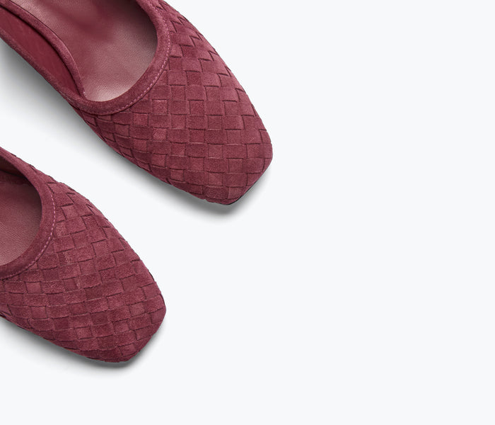 Freda Salvador Jayla woven ballet heel in wine suede with intricate woven detail and a comfortable, stylish heel design.