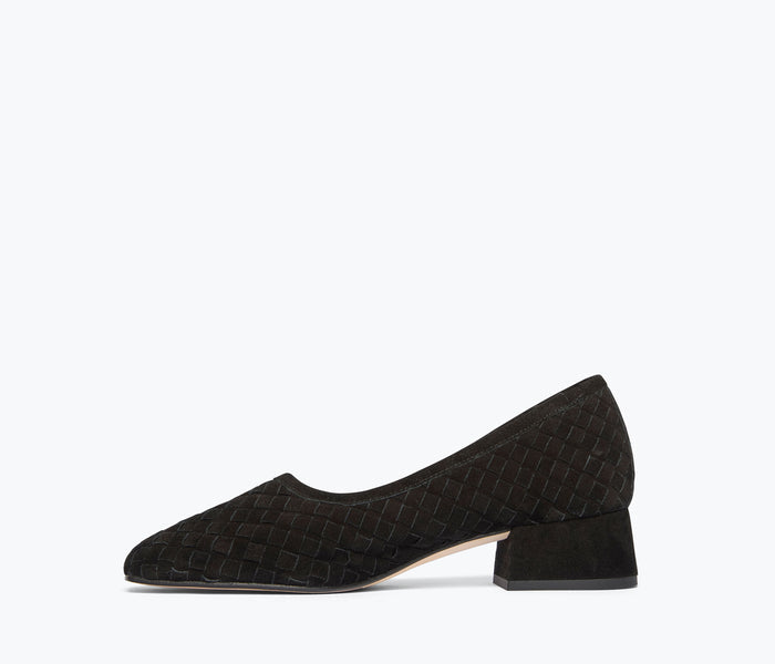 Black suede Jayla woven ballet heel by Freda Salvador shown from inside view with woven detailing and comfortable heel design.
