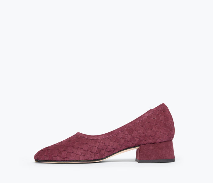 Freda Salvador Jayla woven ballet heel in wine suede, showcasing intricate woven details and elegant design from the side view.