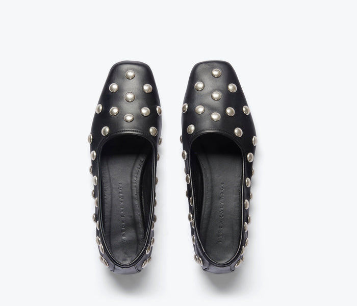 Black Jessie ballet flat by Freda Salvador, featuring a sleek and minimalist design with a pointed toe.