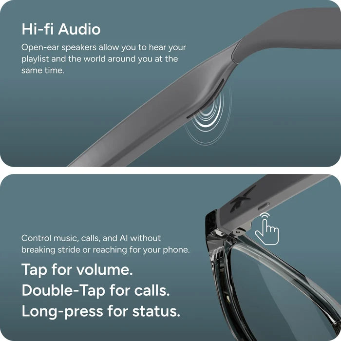 Two close-up images of Reebok Jet smart glasses: one displays open-ear audio speakers, and the other shows a finger tapping the frame to control music, calls, and status through touch gestures. Text explains their audio and touch controls.