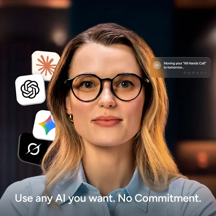A woman wearing Reebok Jet smart glasses looks at the camera, surrounded by AI app icons and a rescheduling alert. Text below says, “Use any AI you want. No Commitment.”.