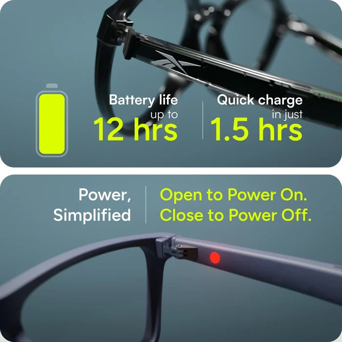 Reebok Jet smart glasses: Up to 12 hours battery, quick charge in 1.5 hrs, Open to Power On/Close to Power Off. Diagram shows power button, charging features, and open-ear audio design.