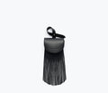 Black pebbled calf leather Joni fringe bag charm by Freda Salvador, featuring layered fringe details and elegant craftsmanship.