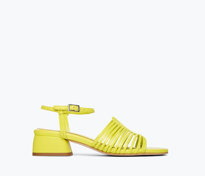 Fredaa Salvador Judy block-heeled sandal in neon calf leather, front view showing stylish heel and strappy design.
