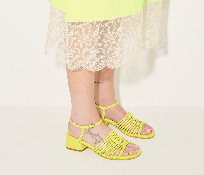Fredaa Salvador Judy block-heeled sandal in vibrant neon color, showcasing the chunky heel and stylish open-toe design.
